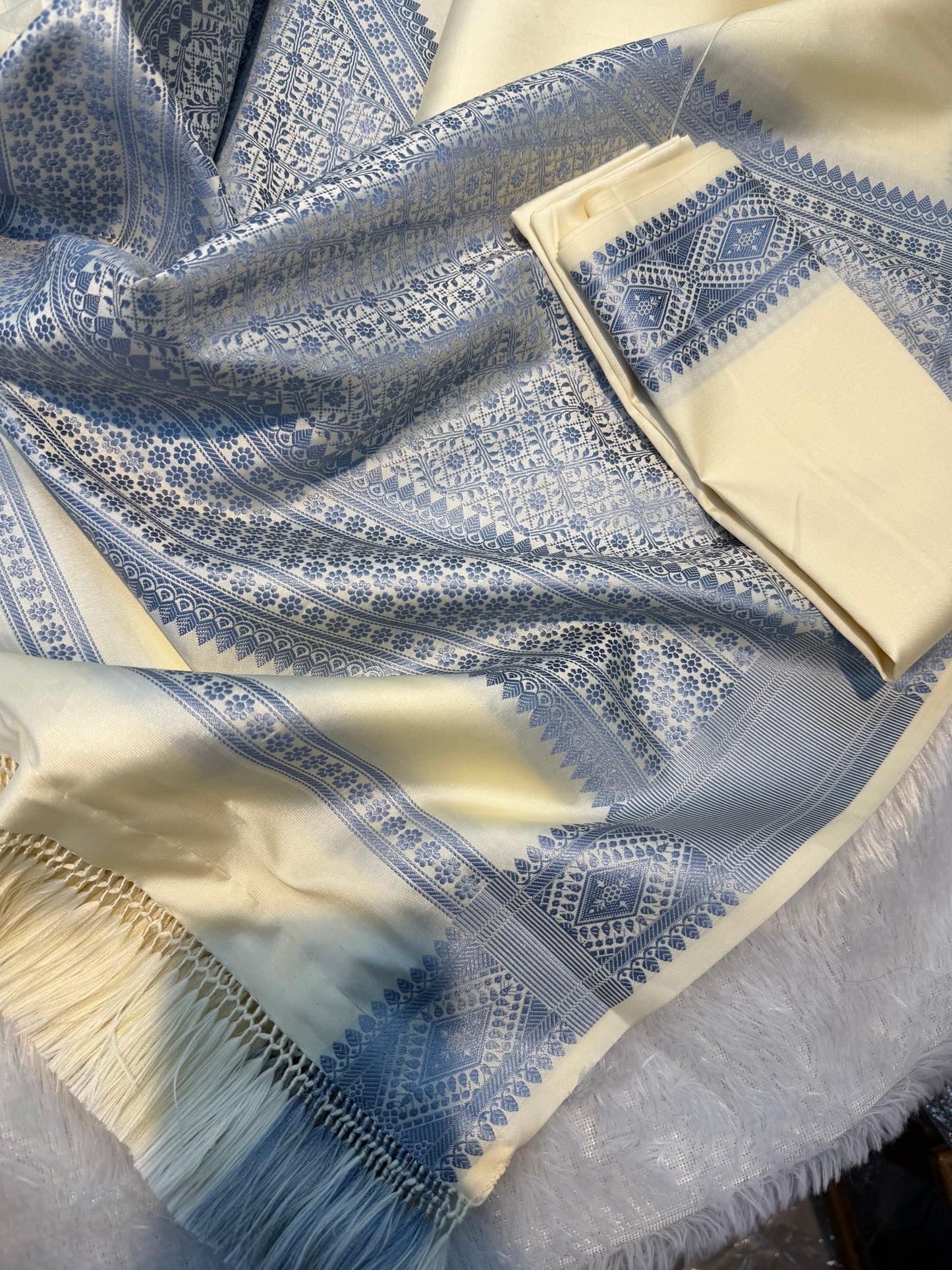 ☁️ Serene Off-White & Sky Blue Semi-Khor Woven Piece ☁️