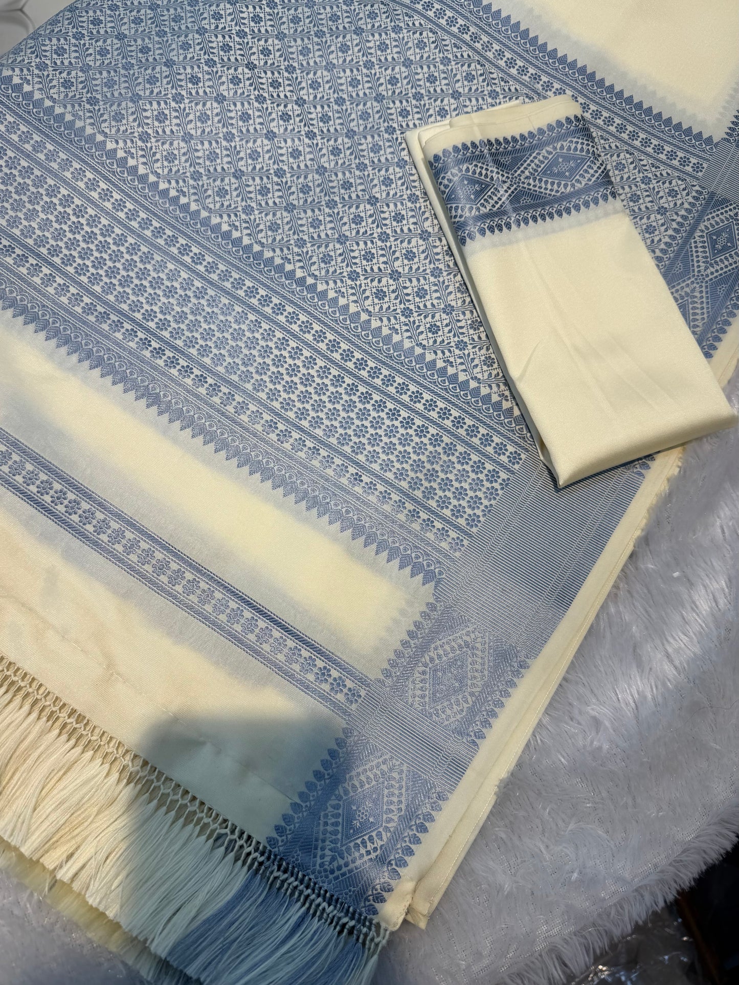 ☁️ Serene Off-White & Sky Blue Semi-Khor Woven Piece ☁️