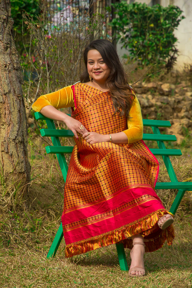 🧶Pure Silk Full Khor Dhara – The Sovereign Gold & Crimson Collection
